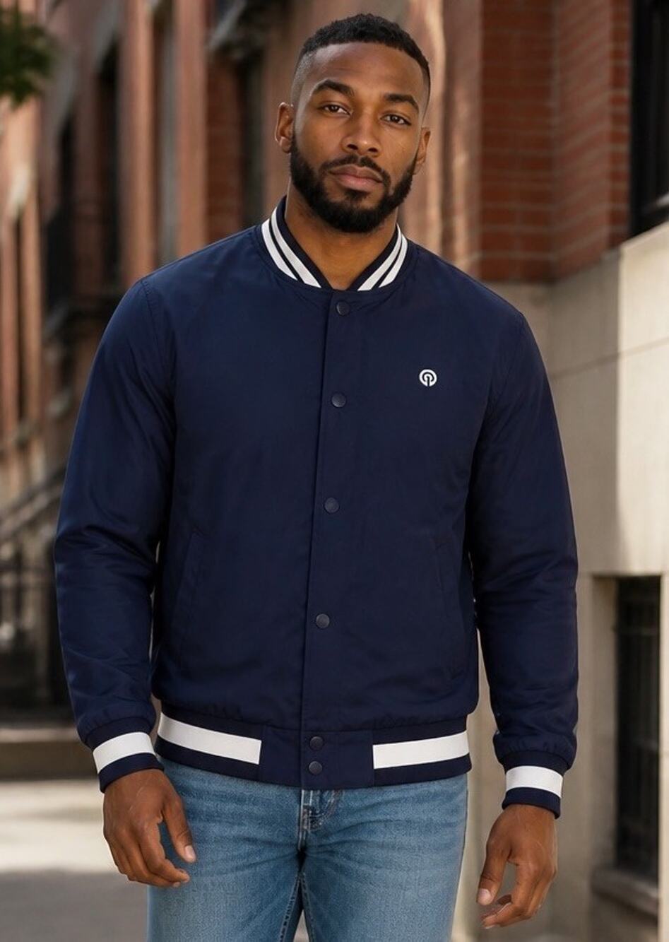 Sport-Tek Bomber Jacket Mens Small Striped Cuff Blue Snap Front Insulated Lined